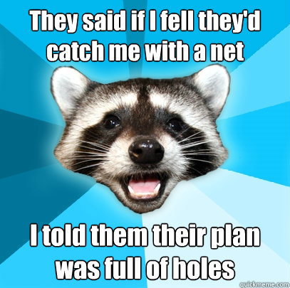 They said if I fell they'd catch me with a net I told them their plan was full of holes  Lame Pun Coon
