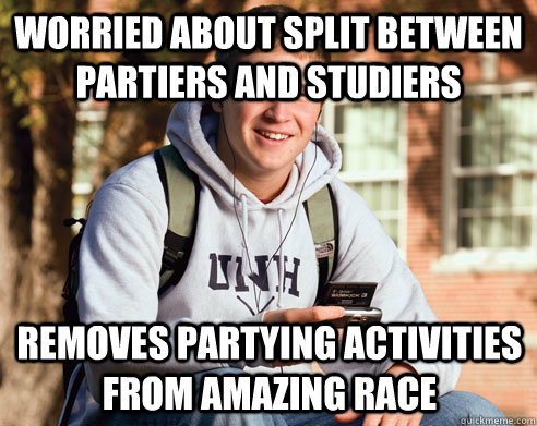 Worried about split between partiers and studiers Removes partying activities from amazing race  College Freshman
