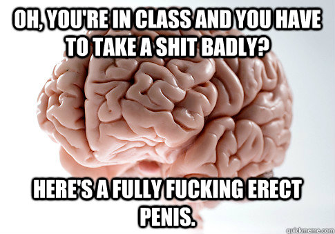 Oh, you're in class and you have to take a shit badly? here's a fully fucking erect penis.  Scumbag Brain