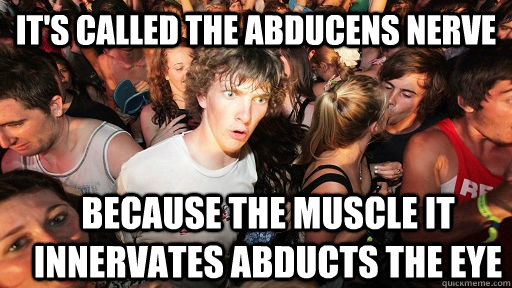 It's called the abducens nerve because the muscle it innervates abducts the eye  Sudden Clarity Clarence