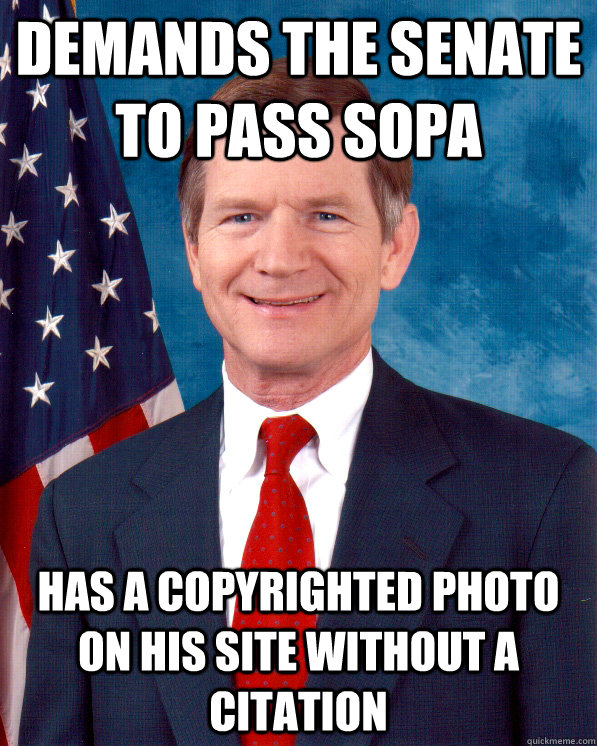 Demands the senate to pass sopa Has a copyrighted photo on his site without a citation  