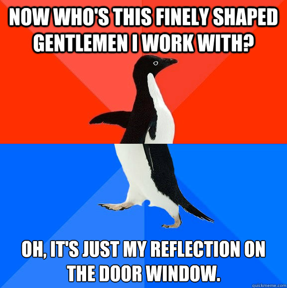 NOW WHO's THIS finely SHAPED GENTLEMEN I WORK WITH? oh, it's just my reflection on the door window.  Awesome Awkward Penguin