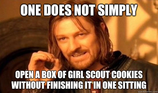 One Does Not Simply Open a box of girl scout cookies without finishing it in one sitting  Boromir