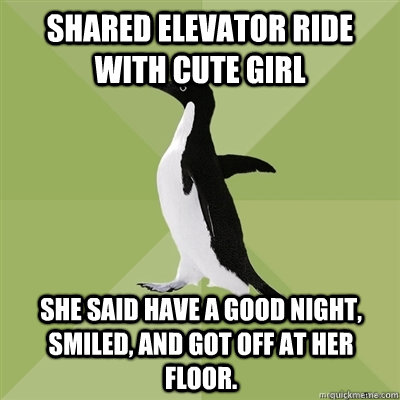 Shared elevator ride with cute girl she said have a good night, smiled, and got off at her floor.  Socially Average Penguin