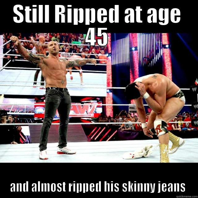 Batista returns on raw 2014 - STILL RIPPED AT AGE 45 AND ALMOST RIPPED HIS SKINNY JEANS Misc