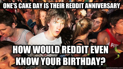 One's cake day is their reddit anniversary HOw would reddit even know your birthday?  Sudden Clarity Clarence