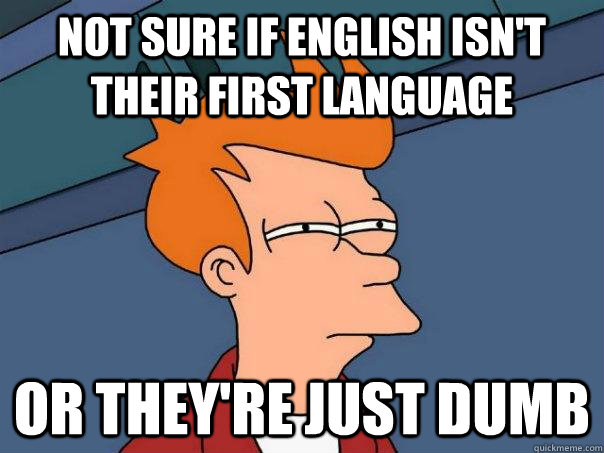 Not sure if english isn't their first language Or they're just dumb - Not sure if english isn't their first language Or they're just dumb  Futurama Fry