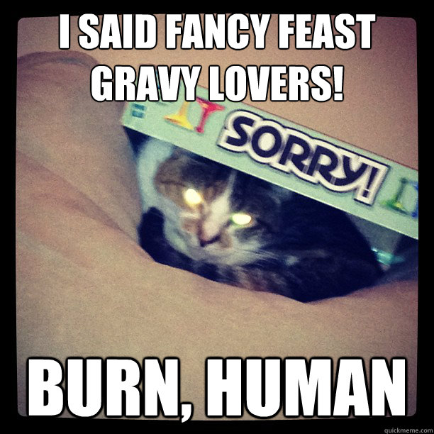 I SAID FANCY FEAST
GRAVY LOVERS! BURN, HUMAN - I SAID FANCY FEAST
GRAVY LOVERS! BURN, HUMAN  Demon Cat