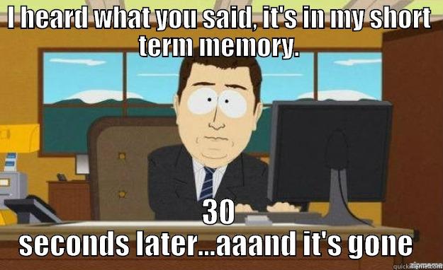 memory gone - I HEARD WHAT YOU SAID, IT'S IN MY SHORT TERM MEMORY. 30 SECONDS LATER...AAAND IT'S GONE  aaaand its gone