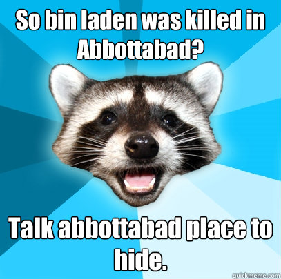 So bin laden was killed in Abbottabad? Talk abbottabad place to hide.  Lame Pun Coon