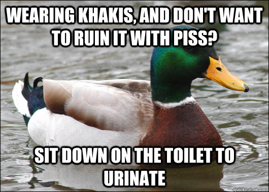 wearing khakis, and don't want to ruin it with piss? sit down on the toilet to urinate   - wearing khakis, and don't want to ruin it with piss? sit down on the toilet to urinate    Actual Advice Mallard