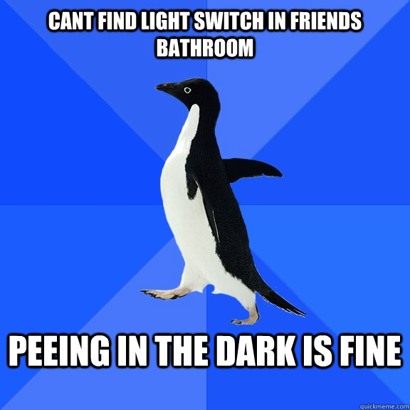 Cant find light switch in friends bathroom  Peeing in the dark is fine   Socially Awkward Penguin