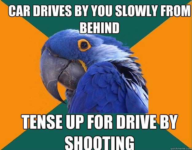car drives by you slowly from behind tense up for drive by shooting  Paranoid Parrot