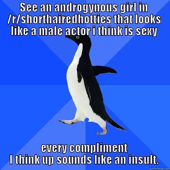 SEE AN ANDROGYNOUS GIRL IN /R/SHORTHAIREDHOTTIES THAT LOOKS LIKE A MALE ACTOR I THINK IS SEXY EVERY COMPLIMENT I THINK UP SOUNDS LIKE AN INSULT. Socially Awkward Penguin