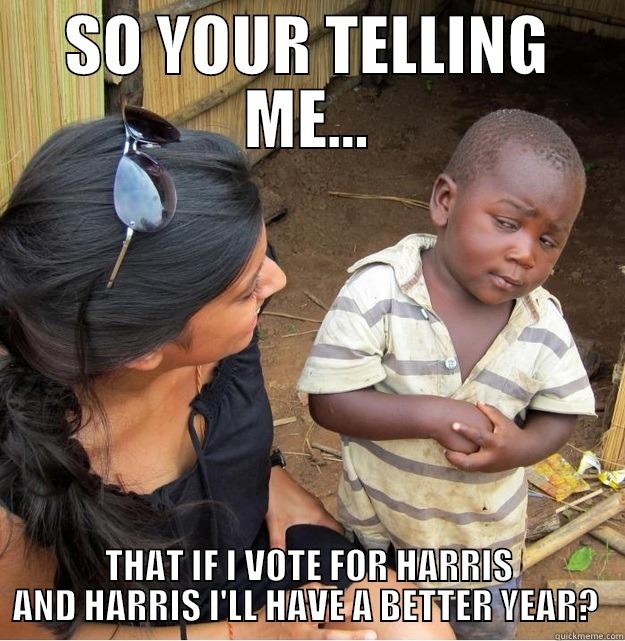 SO YOUR TELLING ME... THAT IF I VOTE FOR HARRIS AND HARRIS I'LL HAVE A BETTER YEAR?  Skeptical Third World Kid