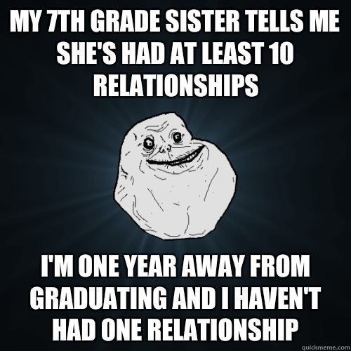 My 7th grade sister tells me she's had at least 10 relationships I'm one year away from graduating and I haven't had one relationship  Forever Alone