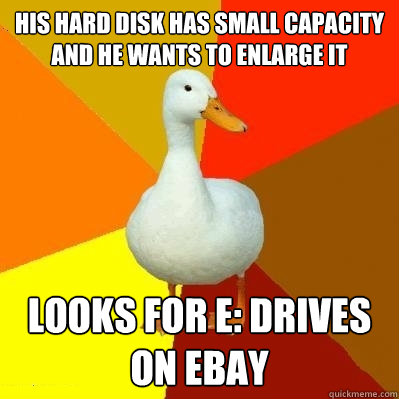 his hard disk has small capacity and he wants to enlarge it looks for E: drives on ebay  Tech Impaired Duck