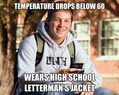 Temperature drops below 60 Wears high school letterman's jacket  College Freshman