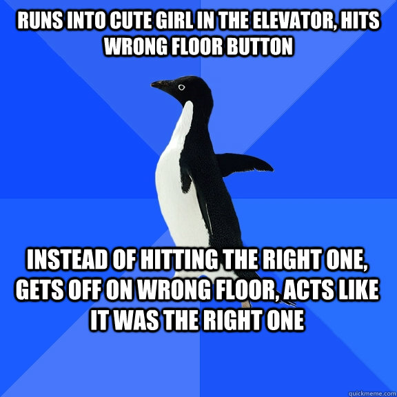 Runs into cute girl in the elevator, hits wrong floor button Instead of hitting the right one, gets off on wrong floor, acts like it was the right one  Socially Awkward Penguin