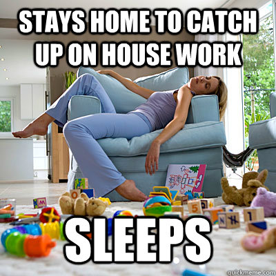 Stays home to catch up on house work Sleeps  Lazy Mom