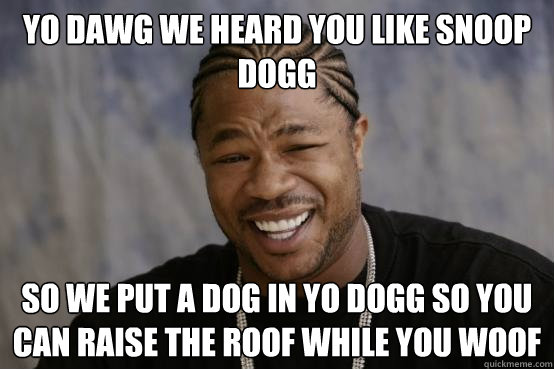 YO DAWG WE HEARD YOU LIKE SNOOP DOGG SO WE PUT A DOG IN YO DOGG SO YOU CAN RAISE THE ROOF WHILE YOU WOOF - YO DAWG WE HEARD YOU LIKE SNOOP DOGG SO WE PUT A DOG IN YO DOGG SO YOU CAN RAISE THE ROOF WHILE YOU WOOF  YO DAWG