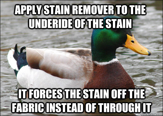 APPLY STAIN REMOVER TO THE UNDERIDE OF THE STAIN IT FORCES THE STAIN OFF THE FABRIC INSTEAD OF THROUGH IT  Actual Advice Mallard