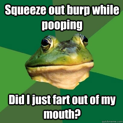 Squeeze out burp while pooping Did I just fart out of my mouth?  Foul Bachelor Frog