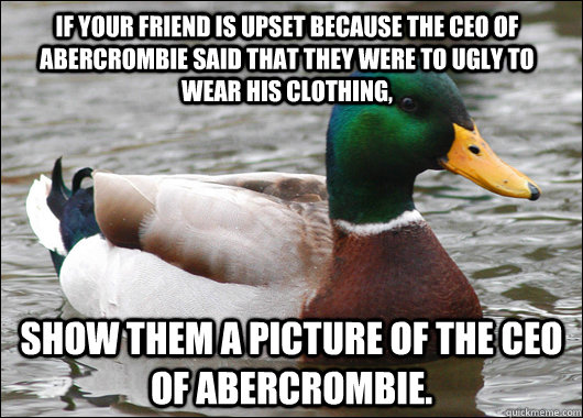 If your friend is upset because the CEO of Abercrombie said that they were to ugly to wear his clothing,  show them a picture of the CEO of abercrombie.   Actual Advice Mallard