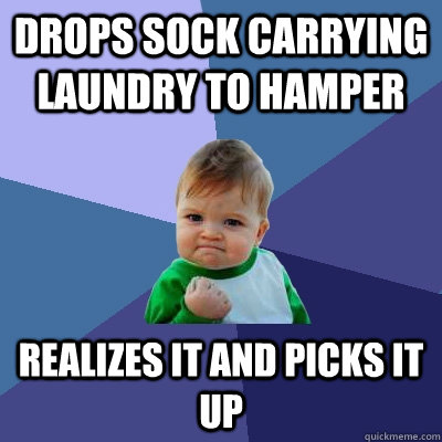 Drops sock carrying laundry to hamper Realizes it and picks it up  Success Kid