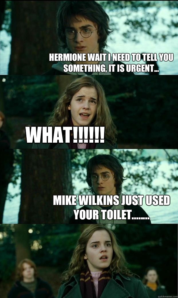Hermione wait I need to tell you something, it is urgent... WHAT!!!!!! Mike Wilkins just used your toilet........  Horny Harry