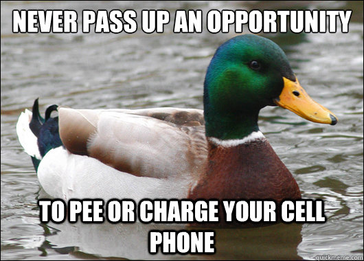 Never pass up an opportunity to pee or charge your cell phone  Actual Advice Mallard
