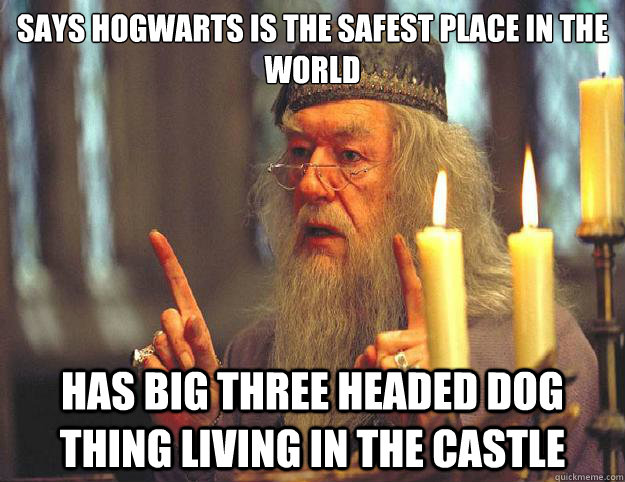 Says Hogwarts is the safest place in the world has big three headed dog thing living in the castle  Dumbledore