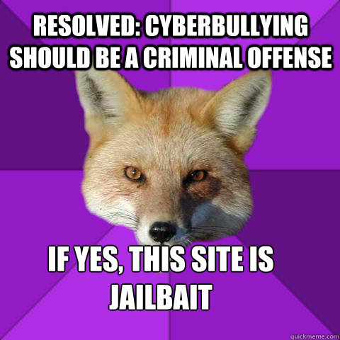 Resolved: cyberbullying should be a criminal offense If yes, this site is jailbait Caption 3 goes here  Forensics Fox