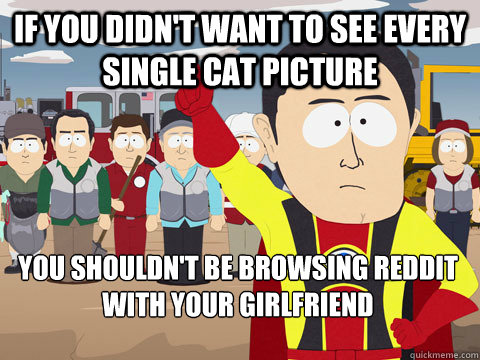 If you didn't want to see every single cat picture You shouldn't be browsing reddit with your girlfriend  Captain Hindsight