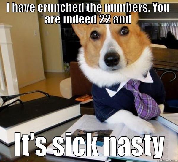 I HAVE CRUNCHED THE NUMBERS. YOU ARE INDEED 22 AND  IT'S SICK NASTY Lawyer Dog