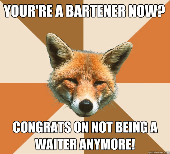 Your're a bartener now?
 Congrats on not being a waiter anymore!  Condescending Fox
