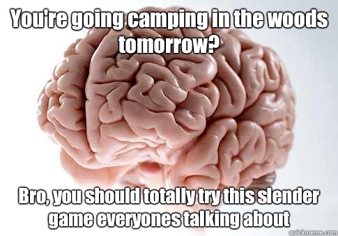 You're going camping in the woods tomorrow? Bro, you should totally try this slender game everyones talking about  - You're going camping in the woods tomorrow? Bro, you should totally try this slender game everyones talking about   Scumbag Brain