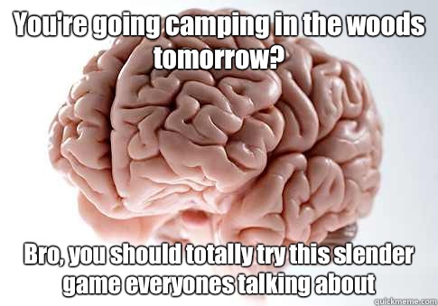 You're going camping in the woods tomorrow? Bro, you should totally try this slender game everyones talking about   Scumbag Brain