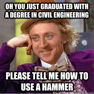Oh you just graduated with a degree in Civil engineering Please tell me how to use a hammer  Creepy Wonka