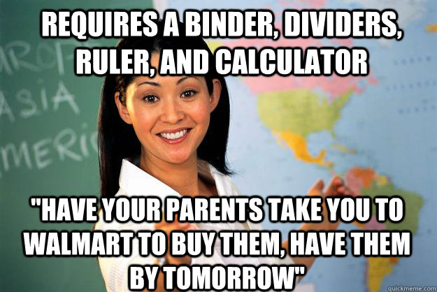 requires a binder, dividers, ruler, and calculator 