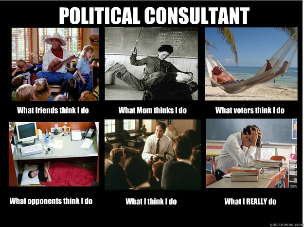 POLITICAL CONSULTANT What friends think I do What Mom thinks I do What voters think I do What opponents think I do What I think I do What I REALLY do  What People Think I Do