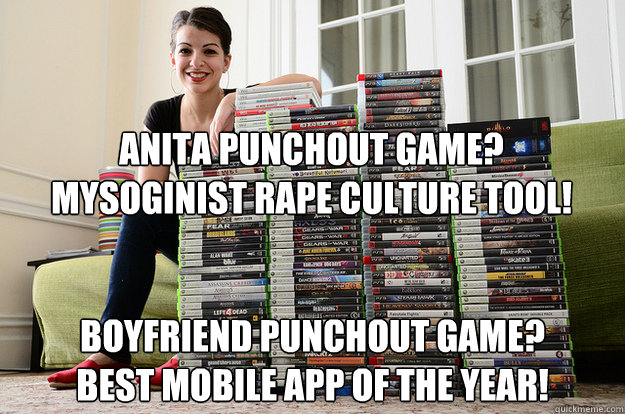 Anita Punchout game?
mysoginist rape culture tool! Boyfriend Punchout Game?
Best Mobile App of the year!  Anita Sarkeesian