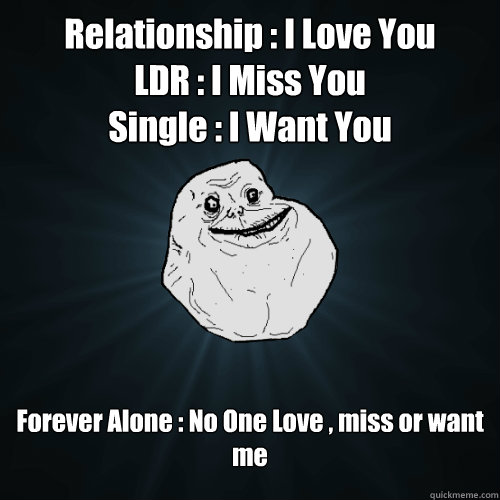 Relationship : I Love You
LDR : I Miss You
Single : I Want You 
Forever Alone : No One Love , miss or want me - Relationship : I Love You
LDR : I Miss You
Single : I Want You 
Forever Alone : No One Love , miss or want me  Forever Alone