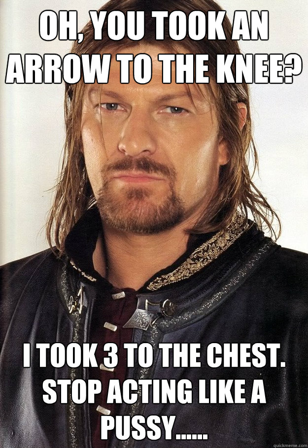 Oh, You took an arrow to the knee? I took 3 to the chest. stop acting like a pussy...... - Oh, You took an arrow to the knee? I took 3 to the chest. stop acting like a pussy......  unimpressed Boromir