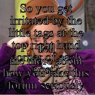 SO YOU GET IRRITATED BY THE LITTLE TAGS AT THE TOP RIGHT HAND CORNER OF EACH POST? TELL ME MORE ABOUT HOW YOU TAKE THIS FORUM SERIOUSLY Condescending Wonka