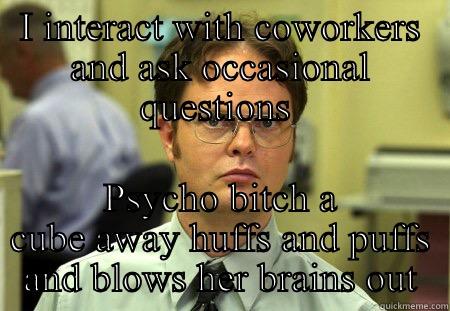 Someone's off their meds - I INTERACT WITH COWORKERS AND ASK OCCASIONAL QUESTIONS  PSYCHO BITCH A CUBE AWAY HUFFS AND PUFFS AND BLOWS HER BRAINS OUT Schrute