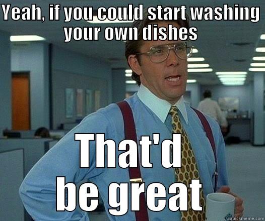 Office dishes, bitches - YEAH, IF YOU COULD START WASHING YOUR OWN DISHES THAT'D BE GREAT Office Space Lumbergh