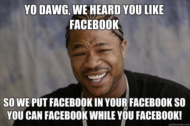 Yo dawg, we heard you like facebook so we put facebook in your facebook so you can facebook while you facebook!  Xzibit meme