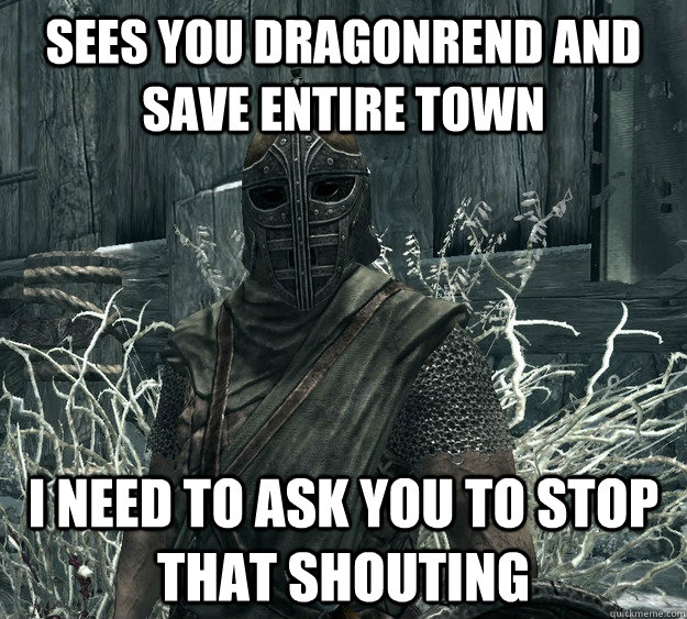 Sees you dragonrend and save entire town i need to ask you to stop that shouting  Skyrim Guard