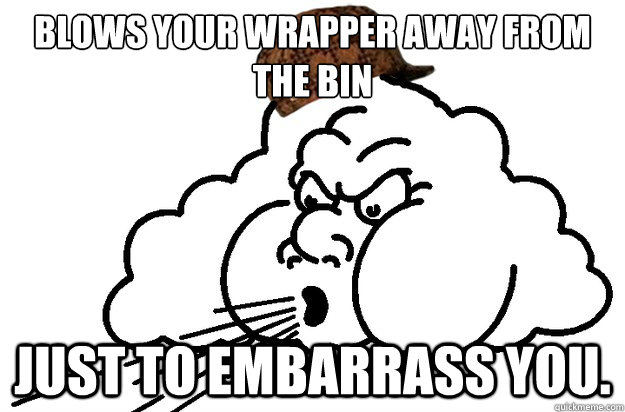 Blows your wrapper away from the bin JUST TO EMBARRASS YOU.  